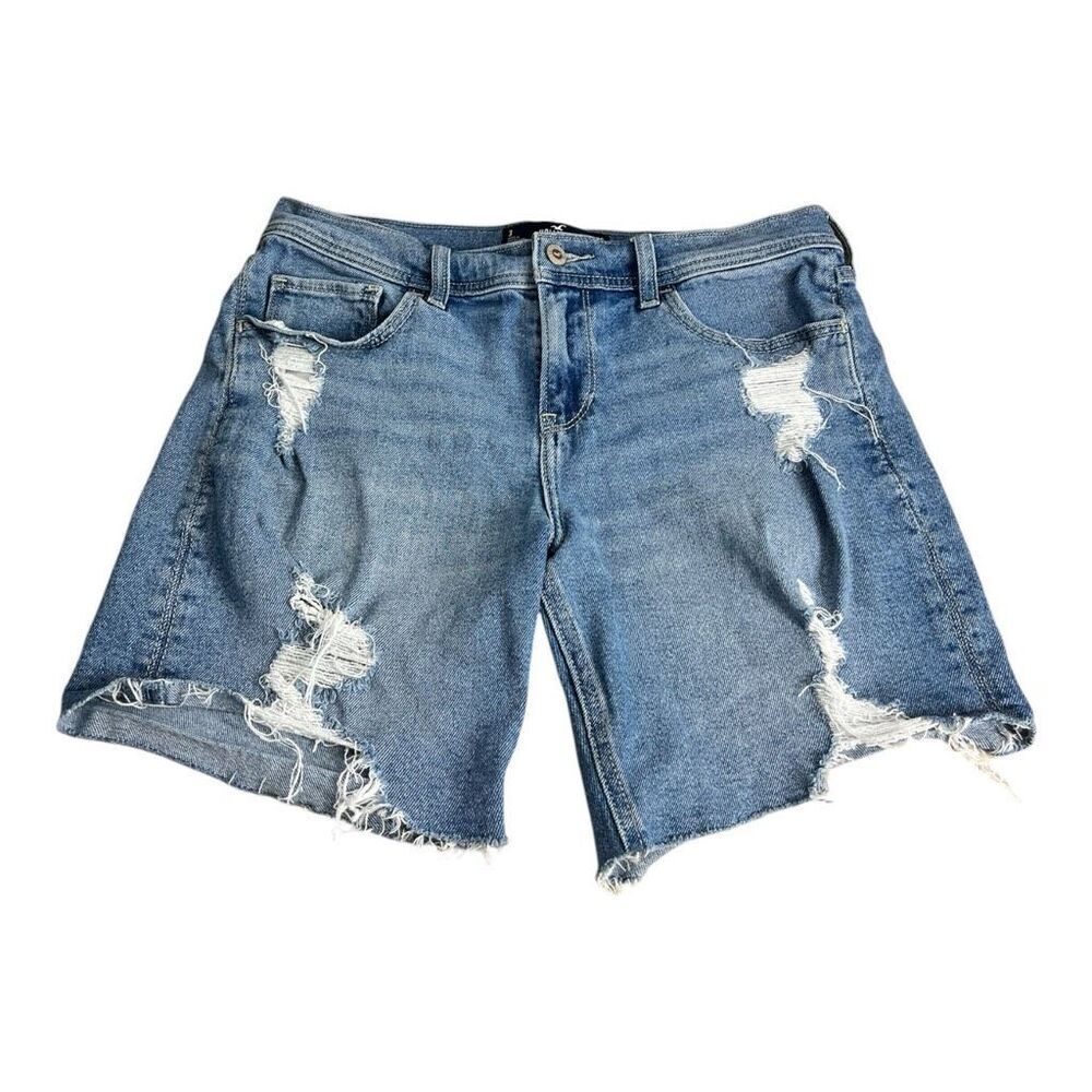 Hollister Women Blue Denim Distressed Bermuda Shorts Size 3 W26 Cotton